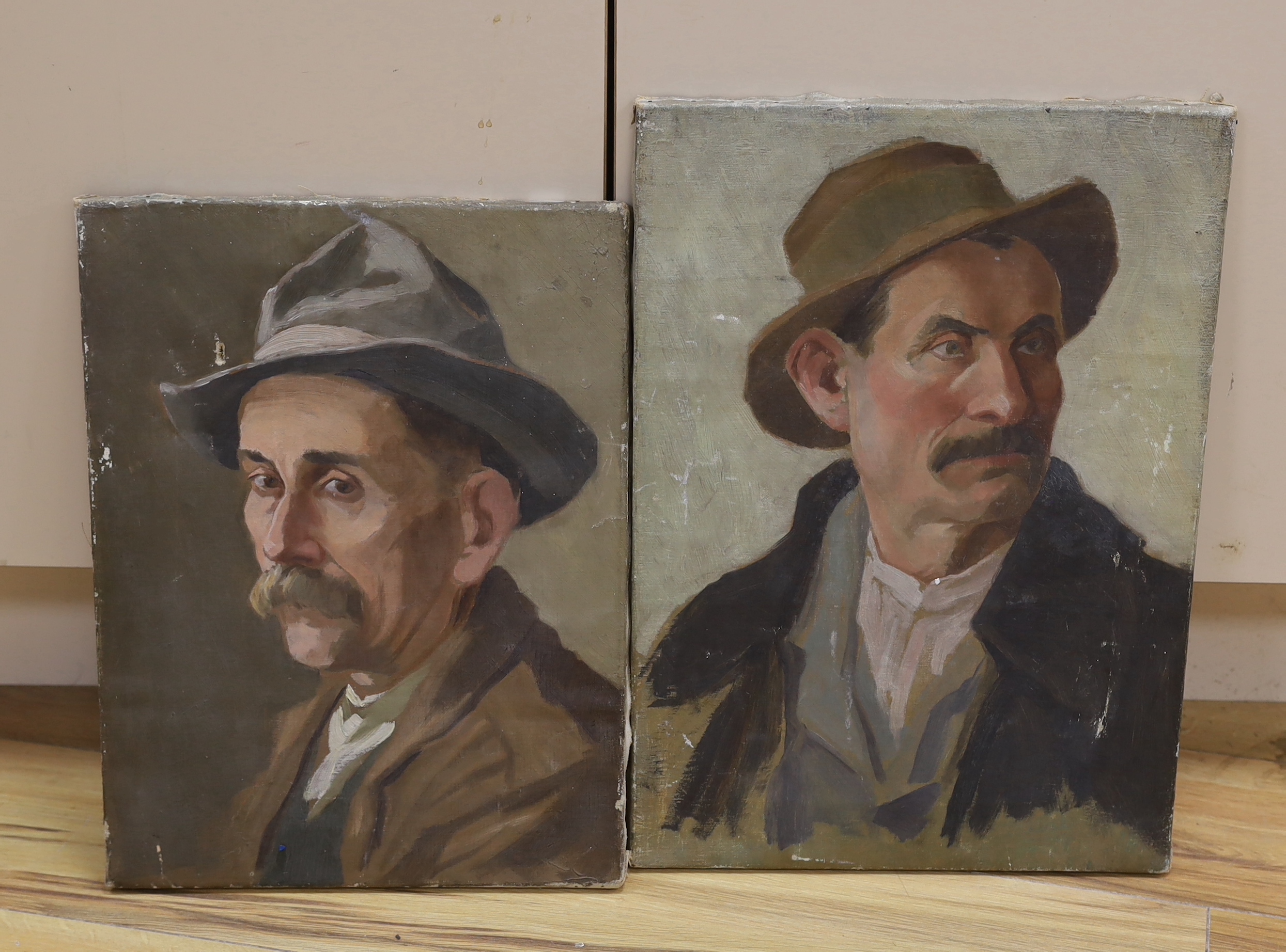 Early 20th century Italian School, two oils on canvas, Gentlemen wearing hats, one with Florence label verso, largest 45 x 42cm, unframed